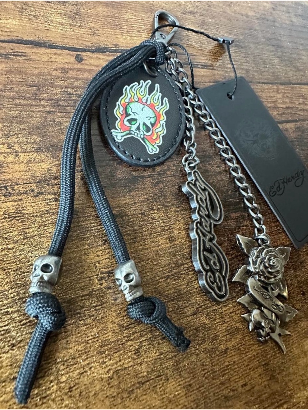 Ed Hardy Black Multi-Charm Bag Charm Keychain w/ Metal Logo & Rose NWT - Picture 3 of 4